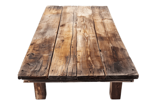 Rustic wooden table with a weathered surface, perfect for farmhouse-style decor and vintage-inspired settings. Ideal for cafes and dining areas. png