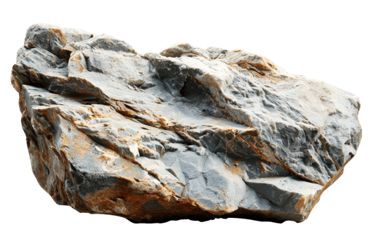 Isolated image of a large, rugged rock with a mix of grey and brown coloring, showing natural textures and formations. png
