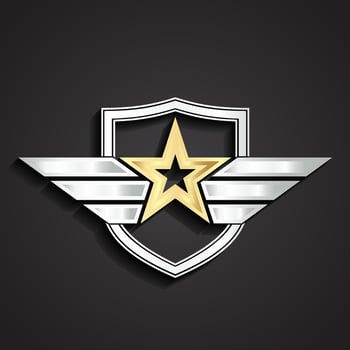 3d golden military star symbol with silver shield and wings vector