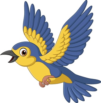 illustration of cartoon happy yellow and blue bird flying vector