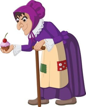 Cartoon old poor lady holding cupcake vector