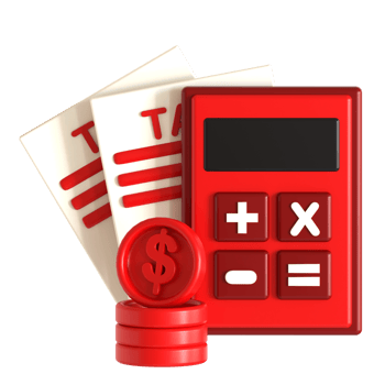 A red calculator, a stack of papers and a stack of money png