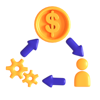 A person is standing next to a dollar sign and a gear png