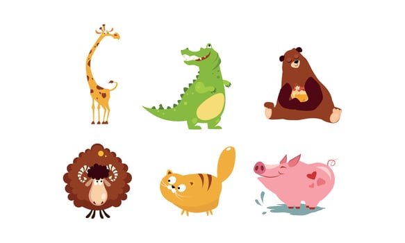 Cute funny animals set, giraffe, crocodile, bear, sheep, cat, pig Illustration vector