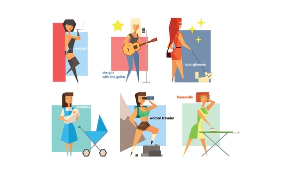 Female charactes set, people hobbies, professions and lifestyles, sexy girl, lady glamour, mommy, traveller, housewife, musician Illustration vector