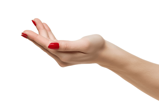 A woman's hand is shown with a red nail polish and a white background. Concept of elegance and sophistication, as the woman's hand is held up in a graceful manner png