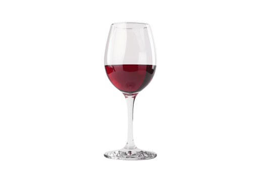 Close-up of a clear wine glass filled with red wine against a transparent background. highlighting its rich color and elegant presentation. png