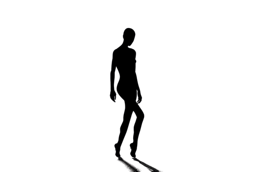 A woman is walking in the dark. She is wearing a black dress and is barefoot. The image is in black and white png