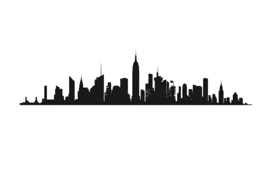 A city skyline is shown in black and white. The buildings are tall and the city appears to be bustling with activity. The skyline stretches across the entire image, from the left to the right side png