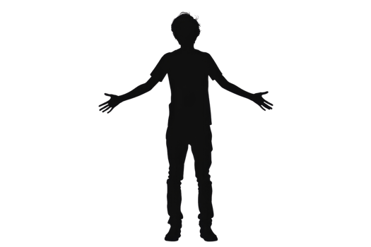 Silhouette of a person with outstretched arms and casual posture, isolated against a transparent background. png
