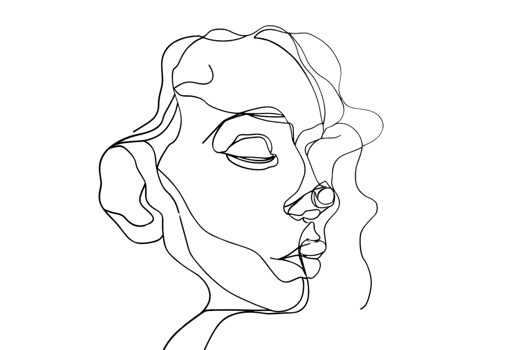 A woman's face is drawn in black and white. The drawing is of a woman with a long, curly hair. The woman's face is drawn in a way that makes it look like she is looking away from the viewer png