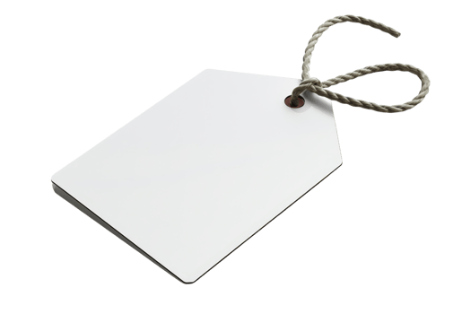 Close-up of a blank, white price tag with a rope string, isolated on a transparent background. Perfect for labeling, branding, or pricing products. png