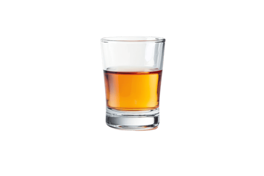Close-up of a glass shot filled with amber liquor, isolated on transparent background. Perfect for bar, drink, and alcohol-related content. png