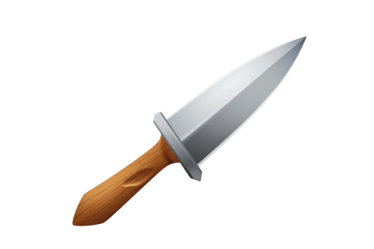 A knife with a wooden handle and a silver blade. The knife is sharp and pointed, and it is laying on a white background png