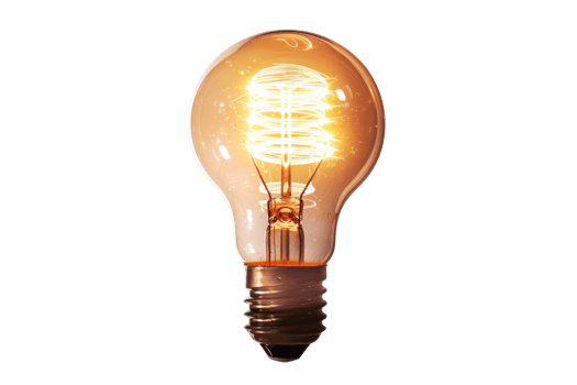 Isolated incandescent light bulb glowing with a warm orange light, showcasing the filament and details of classic bulb design. png