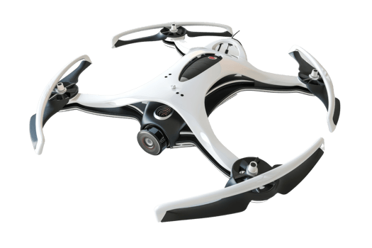 A white and black drone with a camera on it. The drone is in the air and has a black and white color scheme png