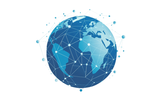 A blue globe with a network of lines connecting it. The globe is surrounded by a white background png