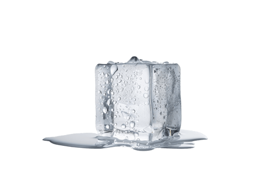 A cube of ice is melting on a white background. The water droplets from the melting ice create a sense of movement and change. The image evokes a feeling of impermanence png