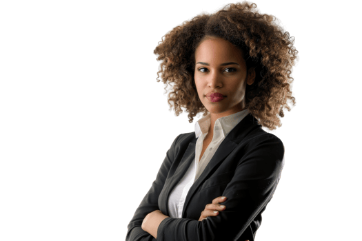 Confident woman in a business suit with arms crossed, isolated on transparent background. Professional and assertive corporate portrait. png