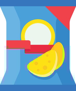 Blue bag of potato chips with a red banner, perfect for representing snacks, convenience stores, or unhealthy eating habits vector