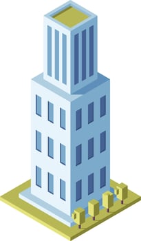 Modern office building in a city, surrounded by trees, showcases sleek architecture blending with the urban landscape. The high rise tower symbolizes modern business in a vibrant metropolis vector
