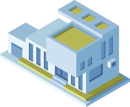 Isometric illustration featuring a modern, minimalist building with a rooftop terrace, large windows, and an attached garage, ideal for architectural and real estate projects vector