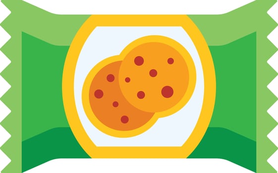 Peeking through the transparent center of a vibrant green and yellow snack package are two irresistible chocolate chip cookies. The delicious treats are sure to satisfy any sweet tooth craving vector