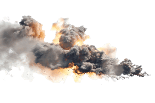 Dramatic explosion with fire and thick smoke, perfect for action scenes or illustrative purposes in projects needing intense visual impact. png
