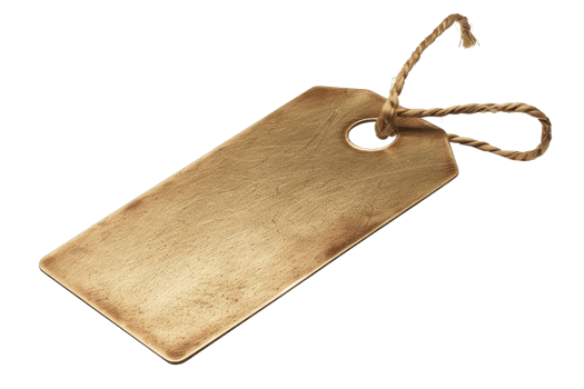 A tag with a hole in the middle is hanging from a rope. The tag is made of metal and has a rough texture png