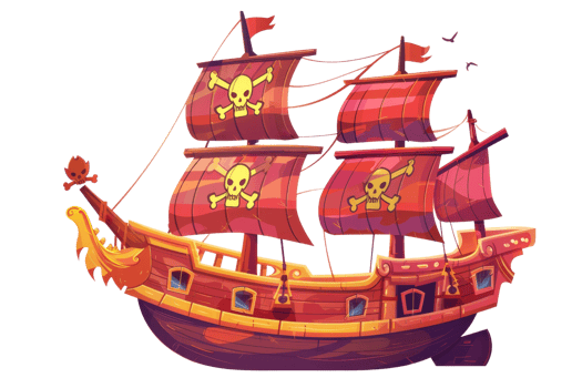 A cartoon pirate ship with a skull and crossbones flag on the side png