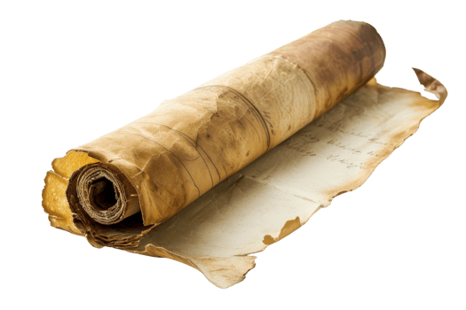 Ancient rolled parchment with aged, weathered texture, open on one side, perfect for historical or vintage themes. png