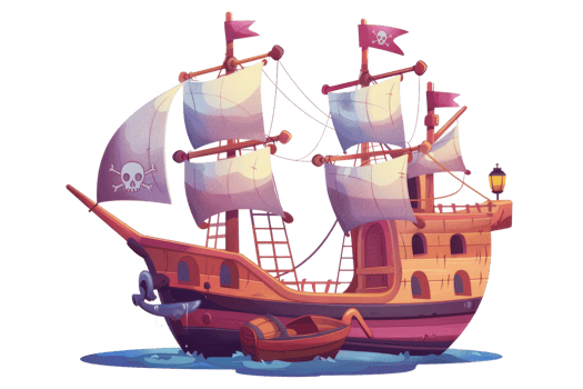 A cartoon drawing of a pirate ship with a skull flag on the mast. The ship is sailing in the ocean with a small boat in the water png