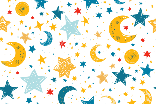 A colorful star and moon pattern with a lot of stars. The stars are in different sizes and colors, and the moon is in the middle of the pattern. Scene is playful and whimsical png