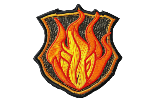 Embroidered badge featuring a flaming emblem with vibrant orange and yellow colors on a shield background, perfect for decoration or uniform. png