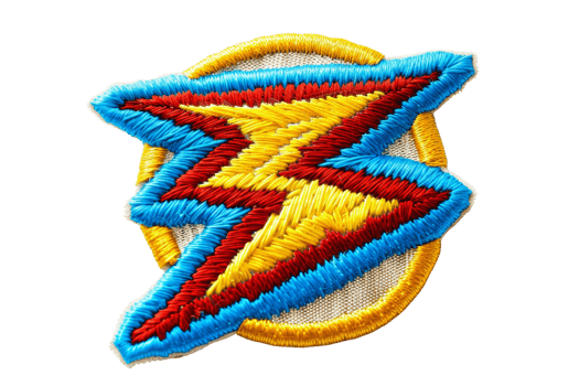 Colorful embroidered lightning bolt patch with yellow, red, and blue threads. Perfect for DIY crafts, clothing, and accessories. png