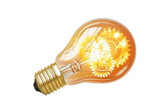 Illuminated light bulb with intricate gears inside, symbolizing innovation, creativity, and technology in a bright, glowing design. png