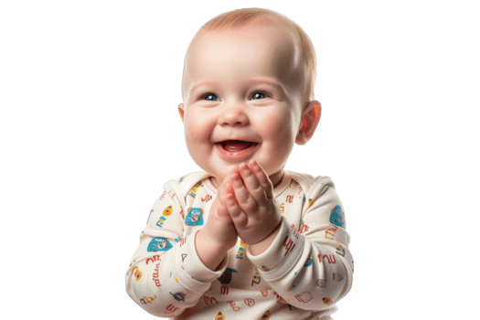 Joyful baby smiling and clapping hands, wearing colorful onesie with playful patterns. Adorable expression and happy moment captured beautifully. png