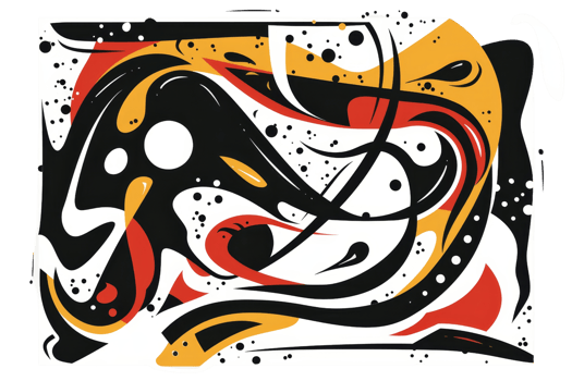 Abstract modern art with black, white, red, and yellow shapes and splashes for creative backgrounds or prints. png