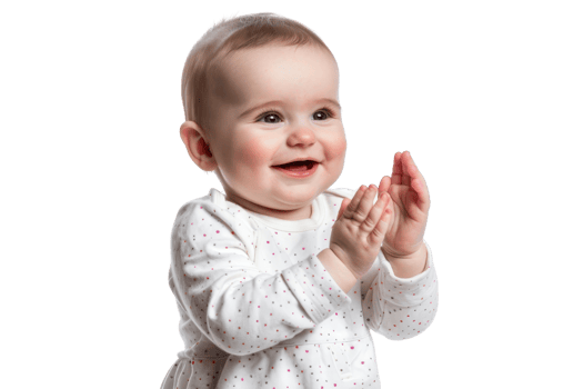 Adorable baby in a white outfit clapping hands and smiling happily. Isolated on a transparent background. perfect for family or parenting themes. png