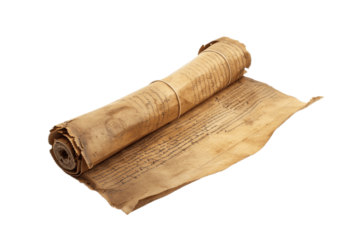 Ancient parchment scroll rolled with visible text, isolated on transparent background. representing history, literature, and vintage manuscripts. png