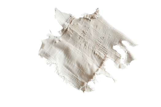 A piece of torn fabric with a white background. The torn fabric has a rough texture and he is frayed png