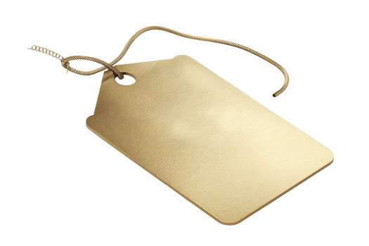 A gold tag with a silver chain hanging from it. The tag is on a white background png