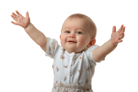 Happy baby smiling with arms raised, wearing white outfit. Isolated on white. Perfect for family, parenting, and happiness themes. png