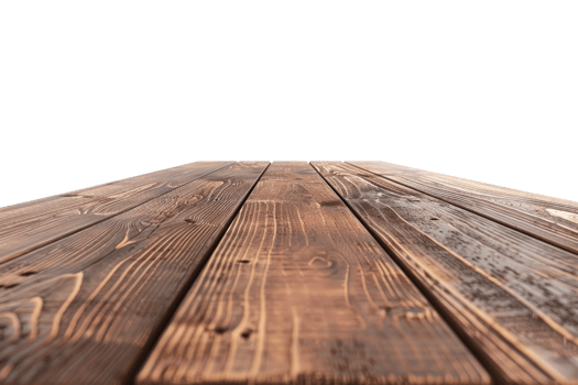 Close-up of rustic wooden table surface with aged texture, perfect for showcasing products or backgrounds in stock photos. Isolated on white. png