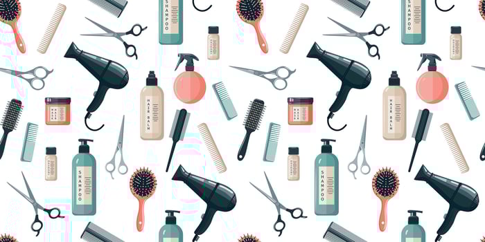 Seamless pattern with different hairdresser tools. Shampoo, hair dryer, combs and scissors. vector