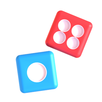 Two red and blue dice with white dots on them png