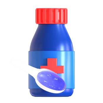 A bottle of medicine with a spoon png