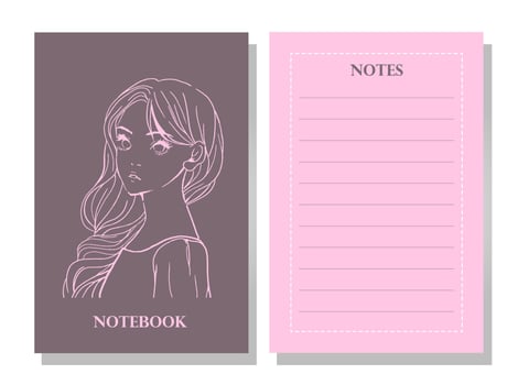 Notebook and notepad template with cute woman face in the cover. Illustration in sketch lineart style for girl. Simple book cover. Soft color palette of pink and purple. Gentle and calm. vector