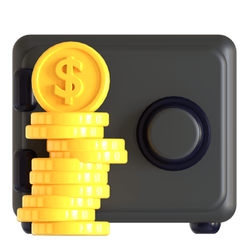 A black safe with a stack of coins png
