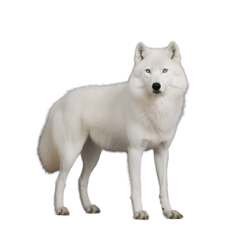 White wolf standing tall and looking forward, showing its thick fur, on a transparent background png
